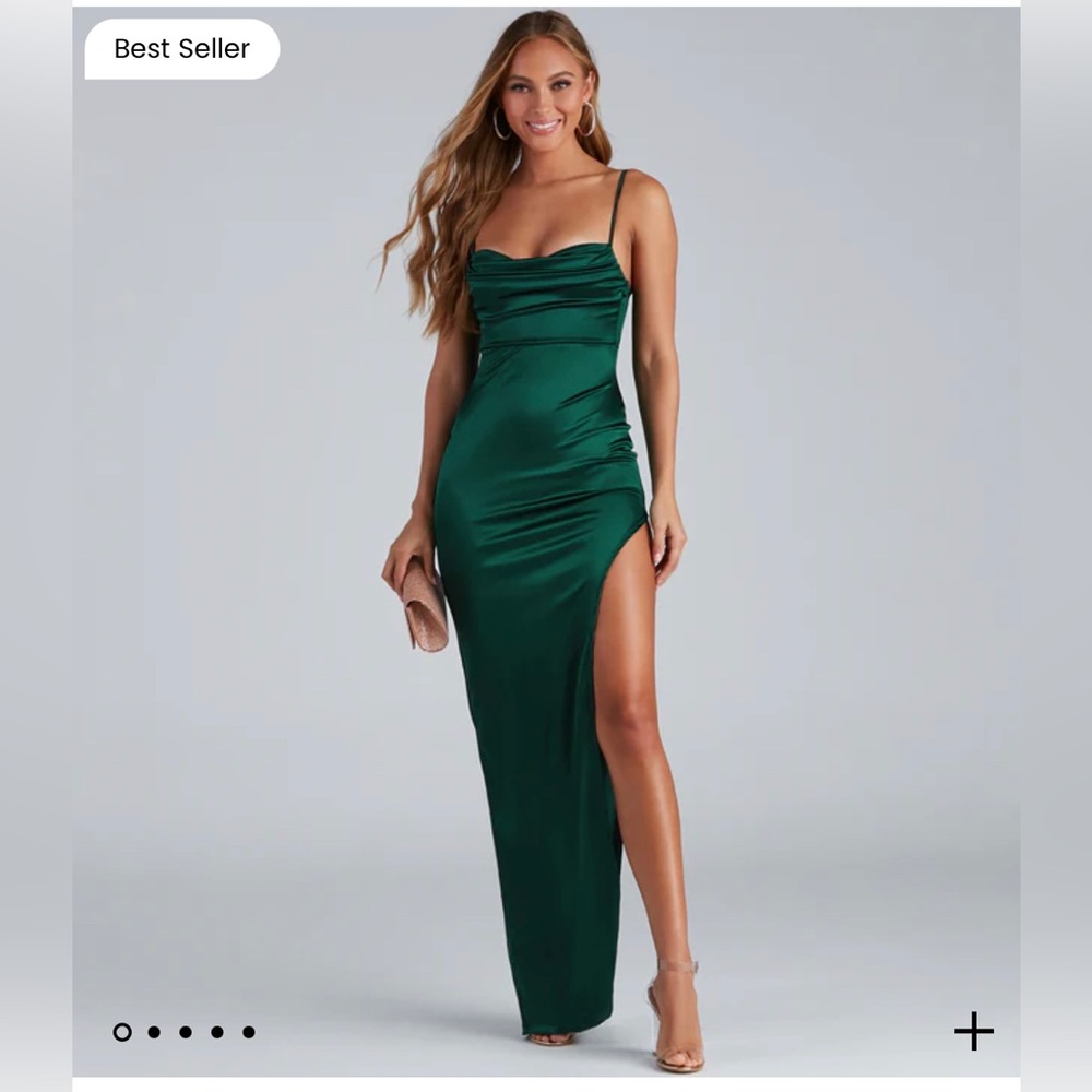 NWT Lola High Slit Hunter Green Satin Dress